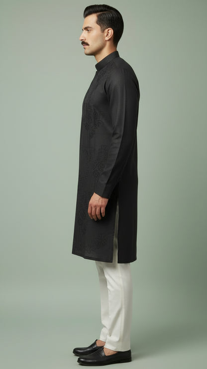 Men’s Black Linen Kurta with Subtle Tonal Embroidery | Classic Black Kurta – Dresswala NX