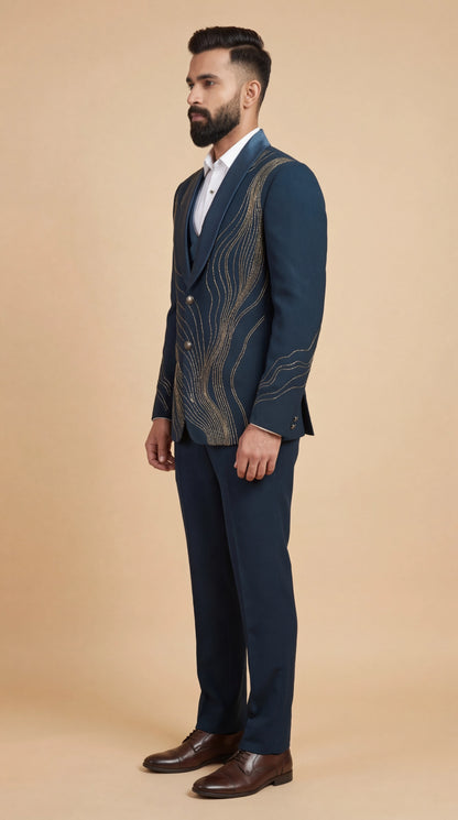 Men’s Navy Blue Embroidered Suit | Dresswala NX