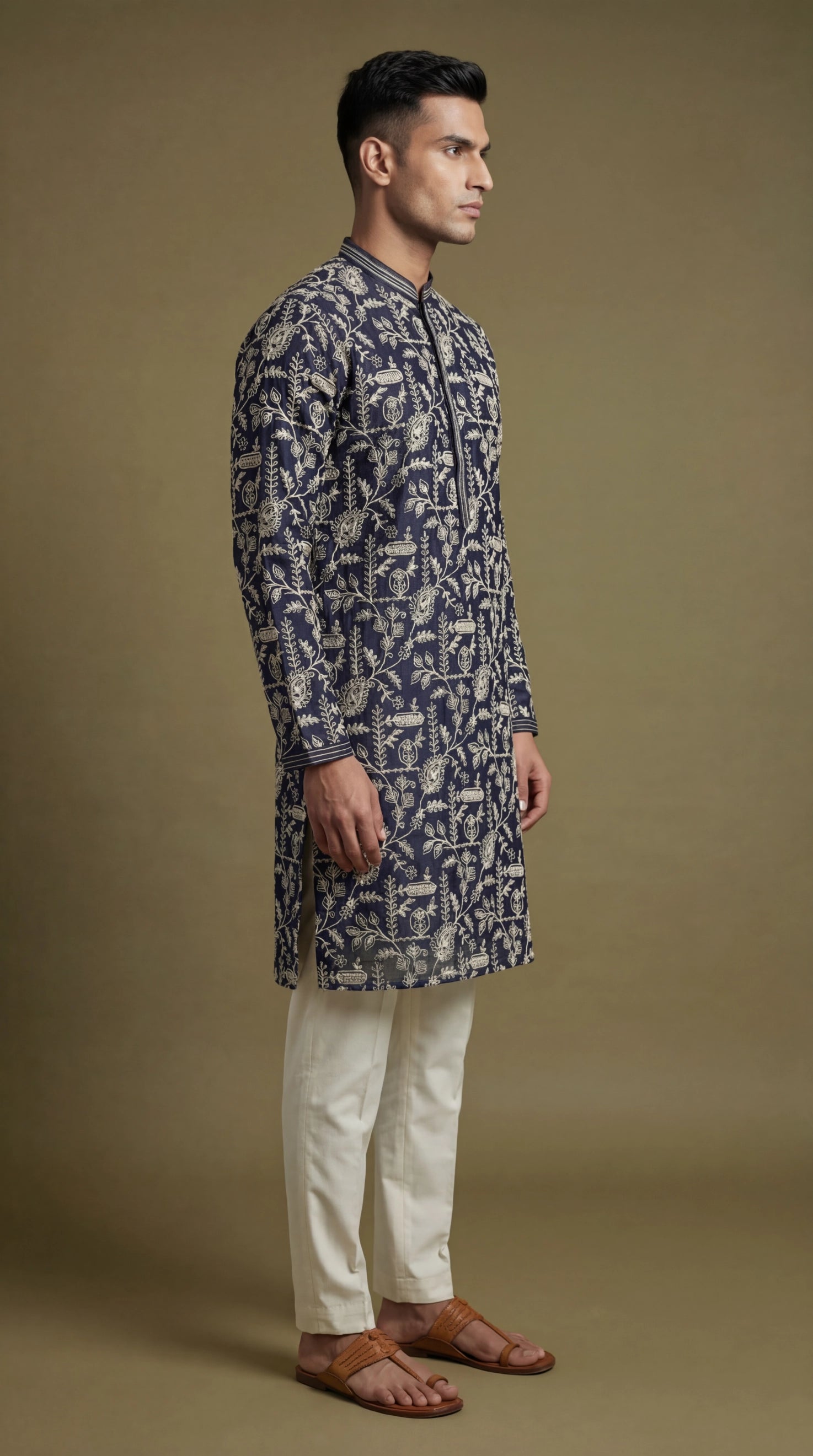 Men’s Navy Blue Floral Print Kurta | Elegant Festive Wear – Dresswala NX