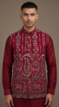 Maroon Royal Print Ethnic Waistcoat for Men | Dresswala NX