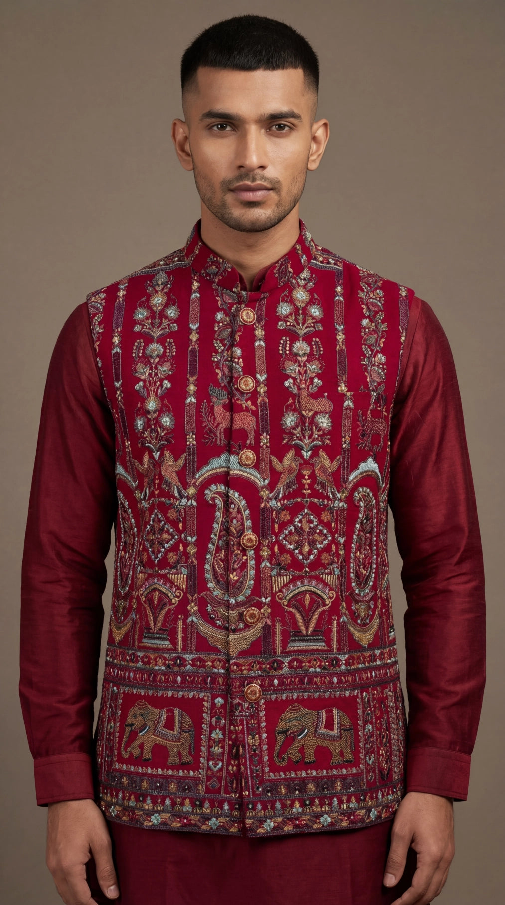 Maroon Royal Print Ethnic Waistcoat for Men | Dresswala NX