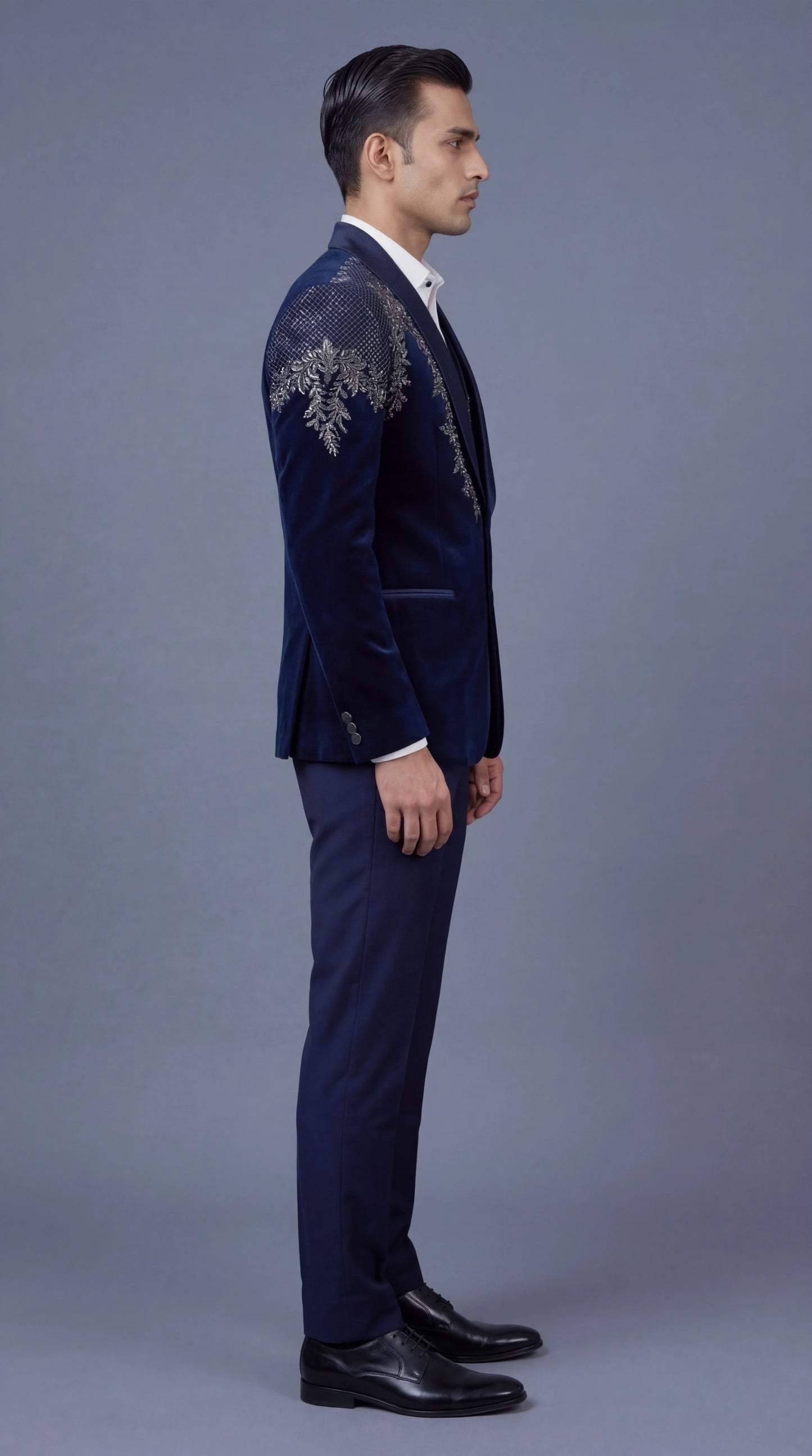 Navy Blue Embroidered Tuxedo Suit for Men | Dresswala NX