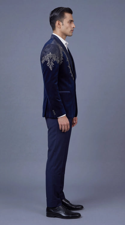 Navy Blue Embroidered Tuxedo Suit for Men | Dresswala NX