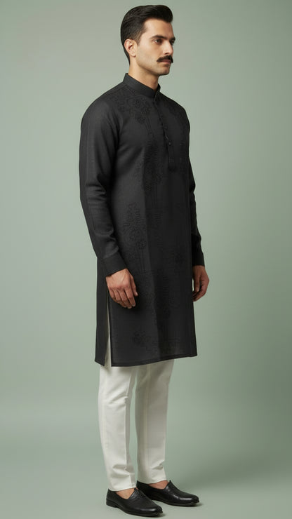 Men’s Black Linen Kurta with Subtle Tonal Embroidery | Classic Black Kurta – Dresswala NX