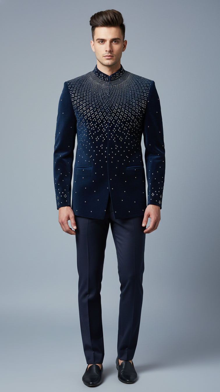 Men’s Navy Blue Embellished Bandhgala Suit | Dresswala NX