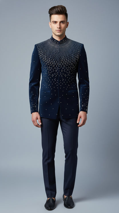 Men’s Navy Blue Embellished Bandhgala Suit | Dresswala NX