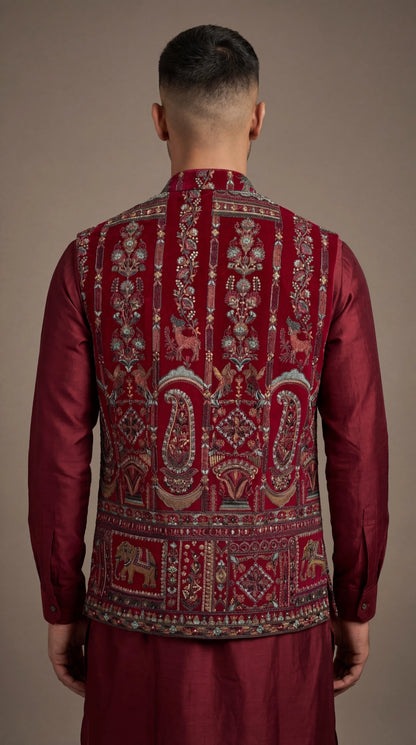 Maroon Royal Print Ethnic Waistcoat for Men | Dresswala NX