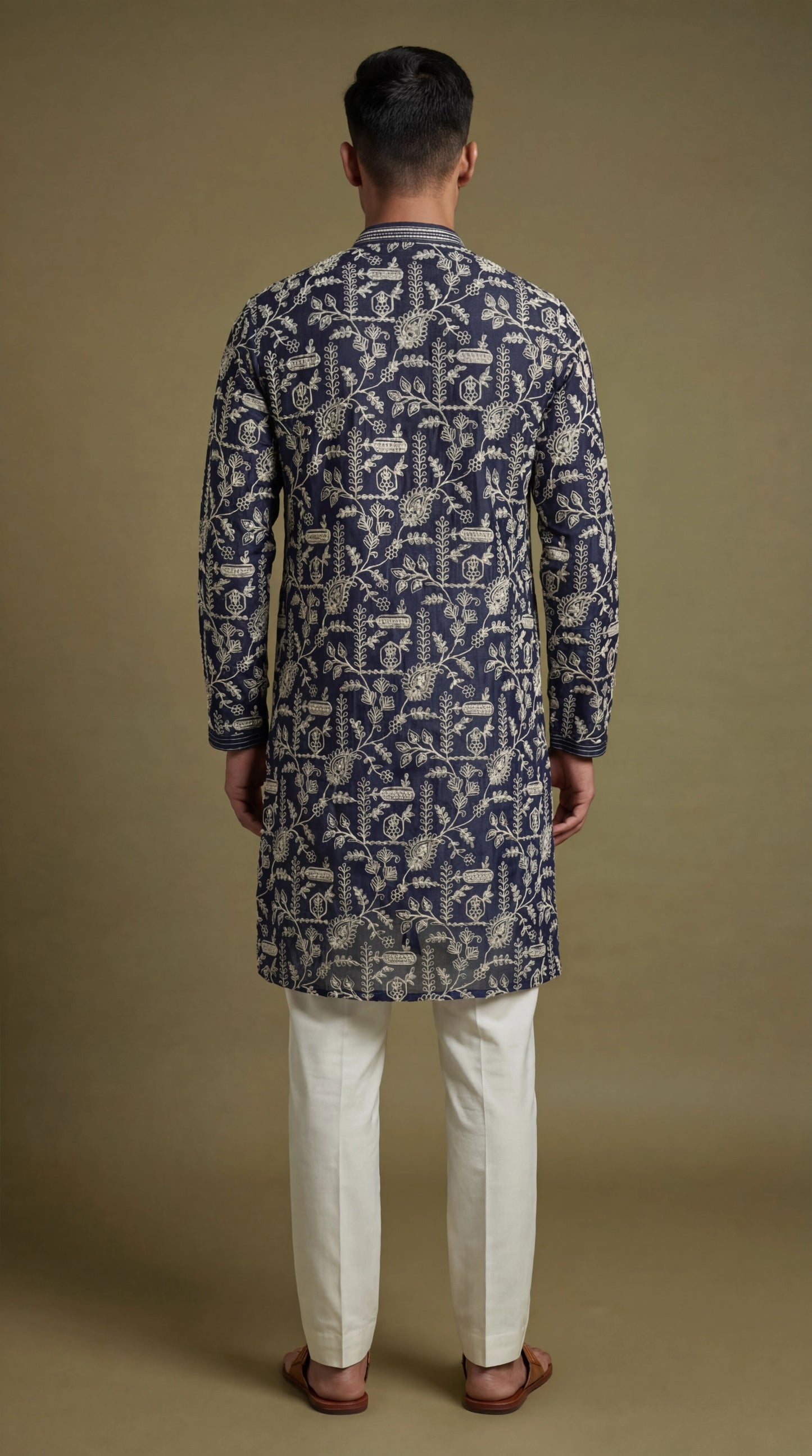 Men’s Navy Blue Floral Print Kurta | Elegant Festive Wear – Dresswala NX