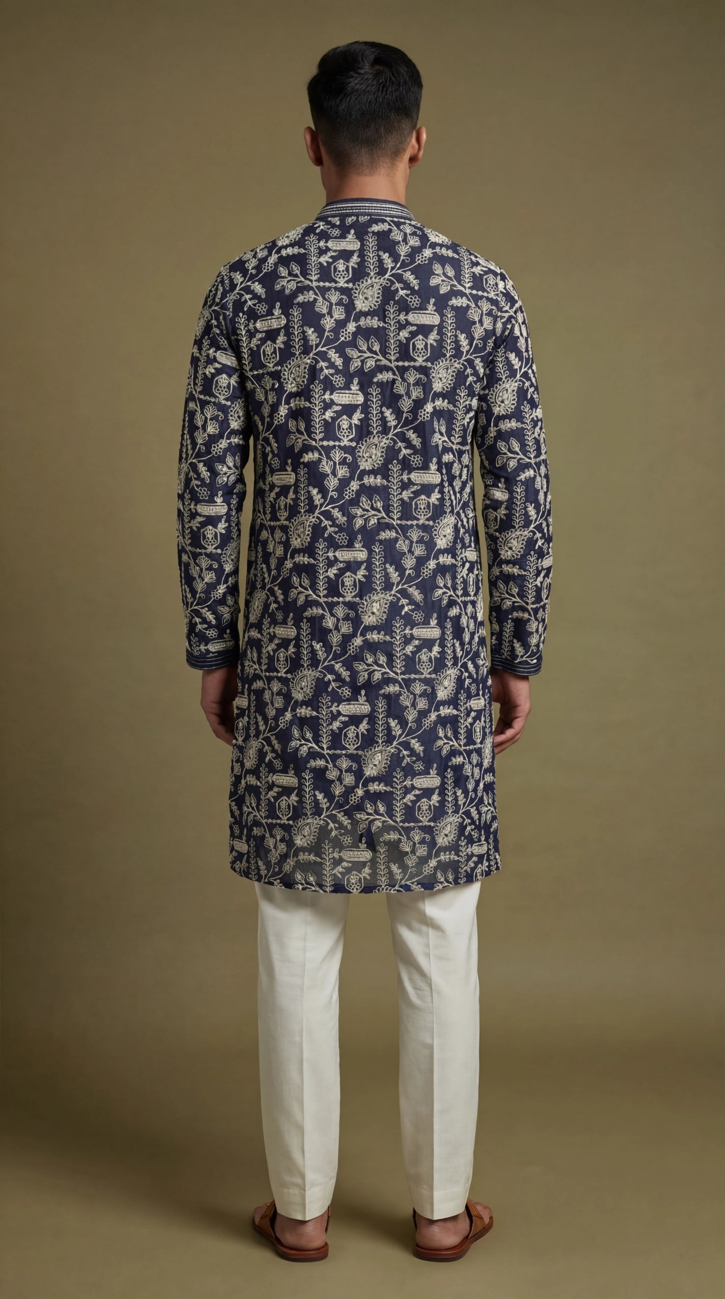 Men’s Navy Blue Floral Print Kurta | Elegant Festive Wear – Dresswala NX