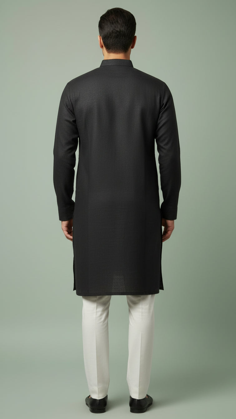 Men’s Black Linen Kurta with Subtle Tonal Embroidery | Classic Black Kurta – Dresswala NX