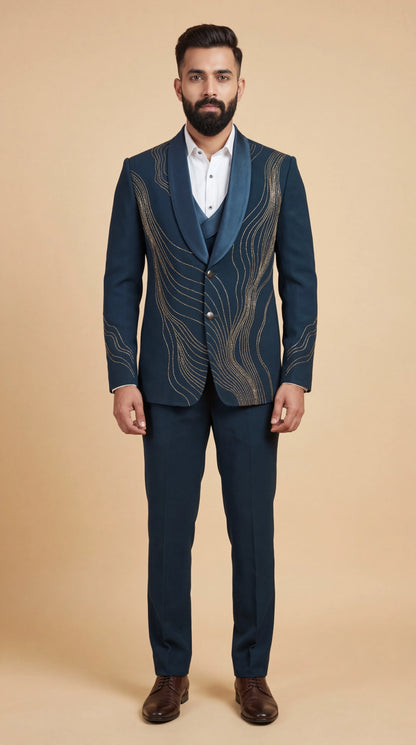 Men’s Navy Blue Embroidered Suit | Dresswala NX