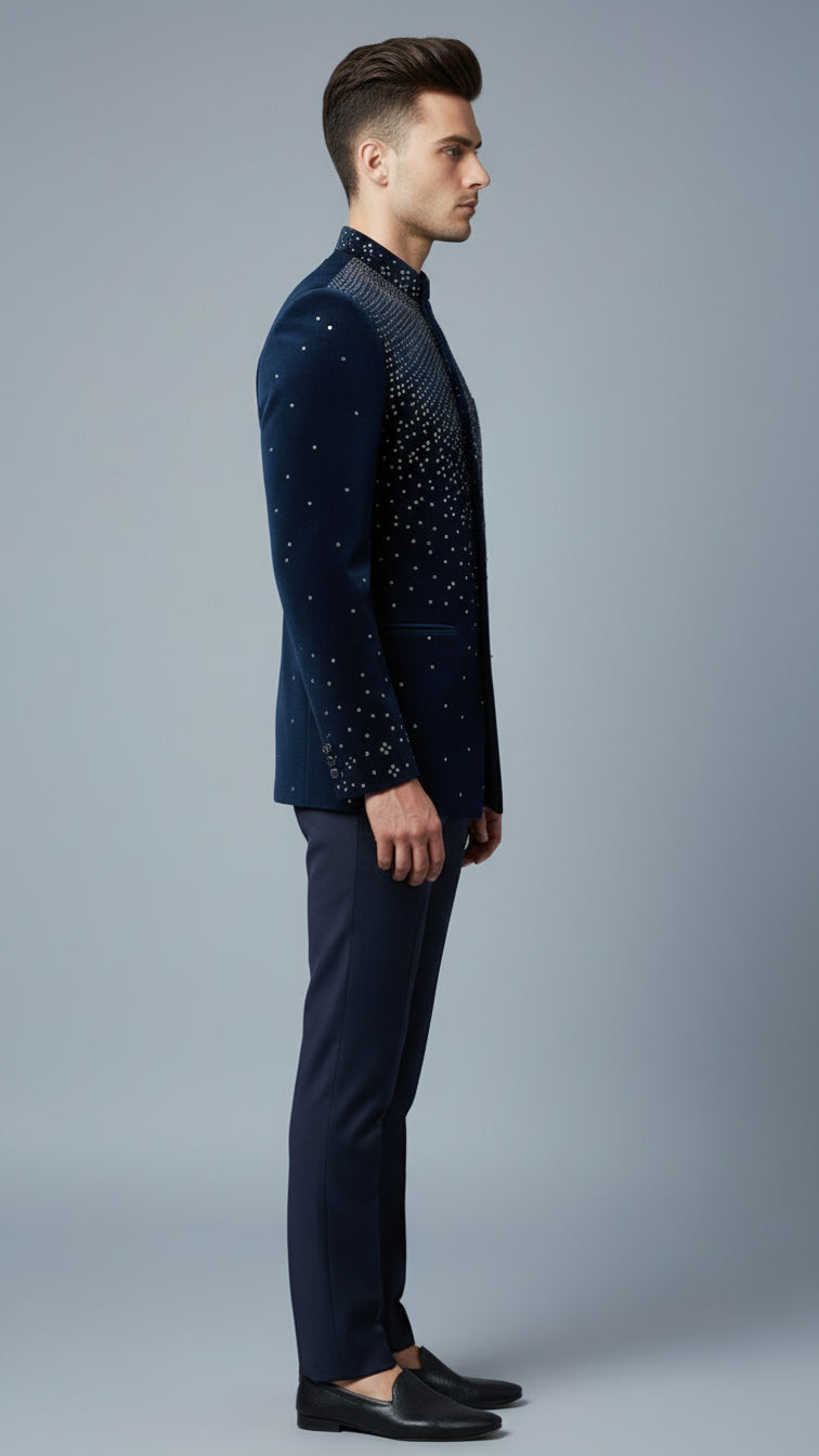 Men’s Navy Blue Embellished Bandhgala Suit | Dresswala NX