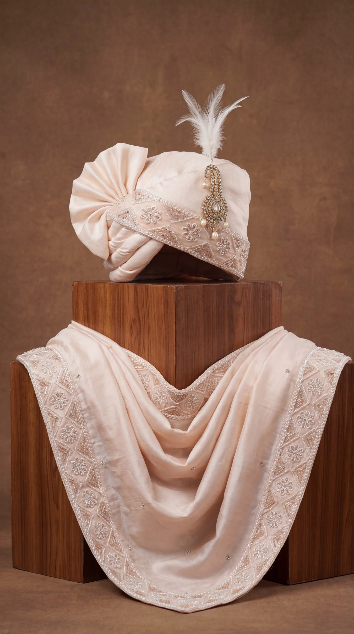 Soft Ivory Floral-Embroidered Groom Safa with Pearl Brooch