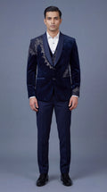Navy Blue Embroidered Tuxedo Suit for Men | Dresswala NX