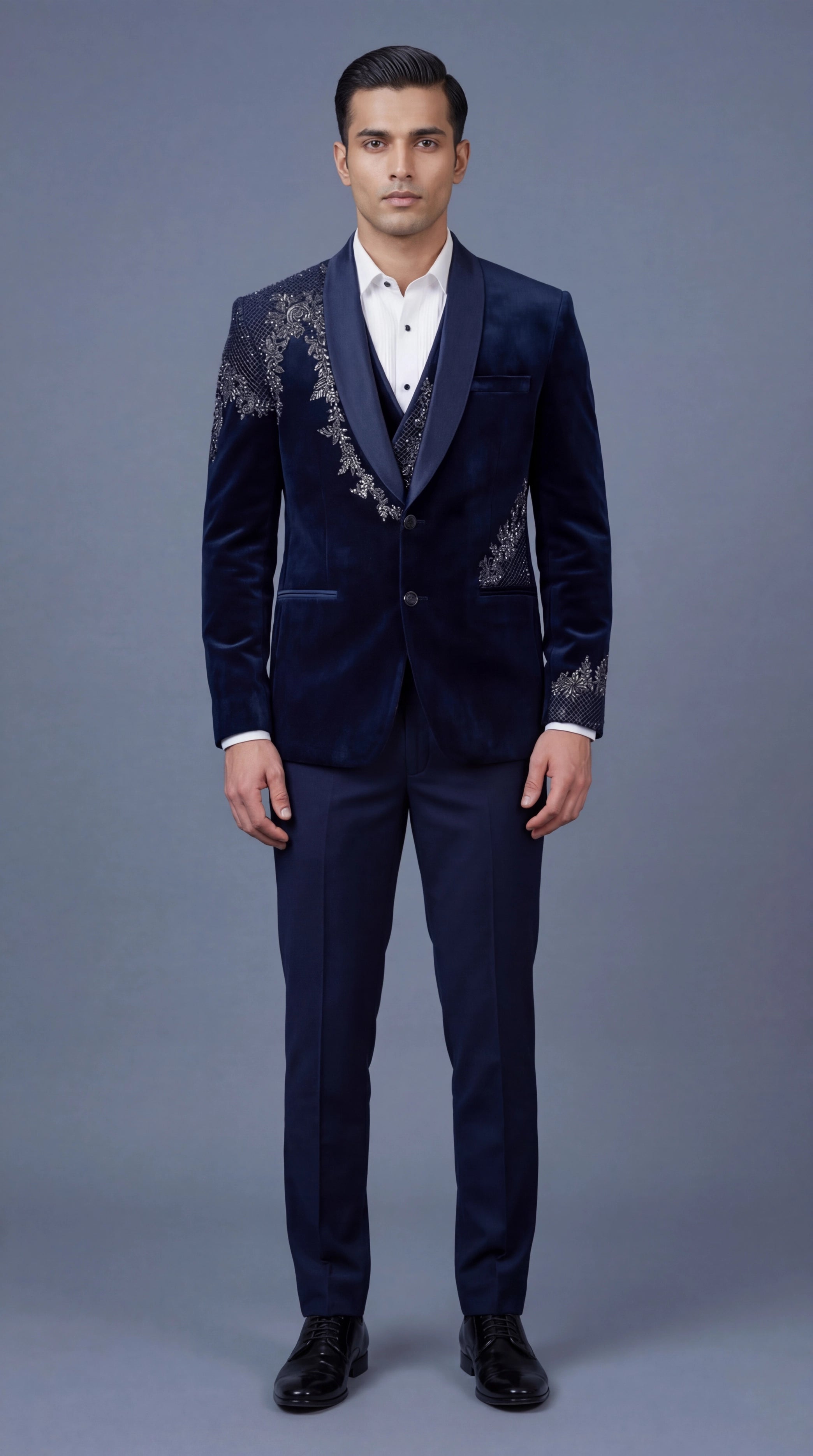 Navy Blue Embroidered Tuxedo Suit for Men | Dresswala NX