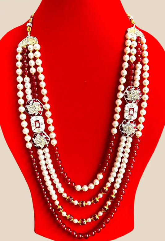 Maroon & Pearl Multilayer Necklace with Kundan Floral Highlights