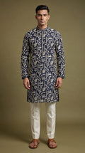 Men’s Navy Blue Floral Print Kurta | Elegant Festive Wear – Dresswala NX