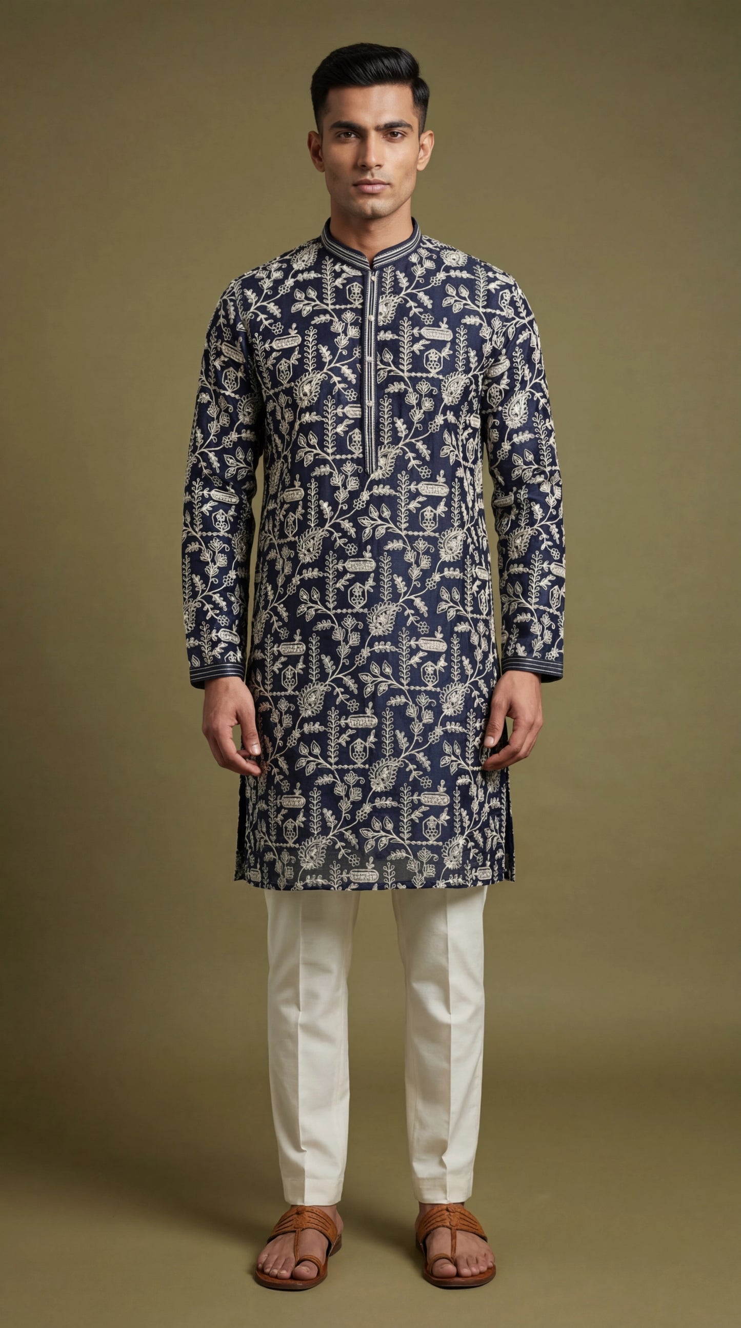 Men’s Navy Blue Floral Print Kurta | Elegant Festive Wear – Dresswala NX