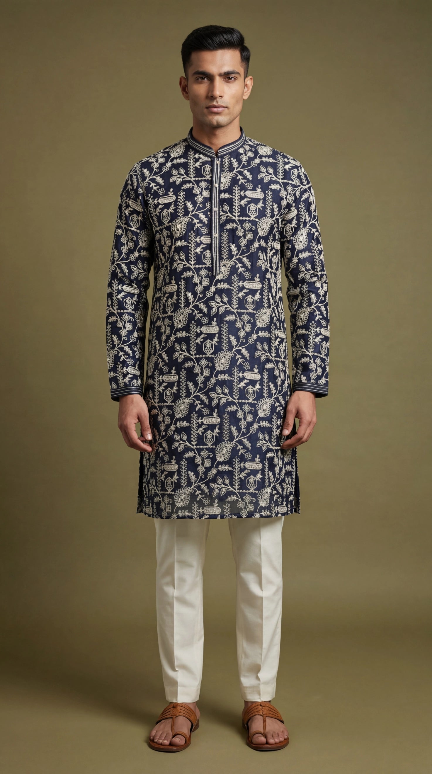 Men’s Navy Blue Floral Print Kurta | Elegant Festive Wear – Dresswala NX