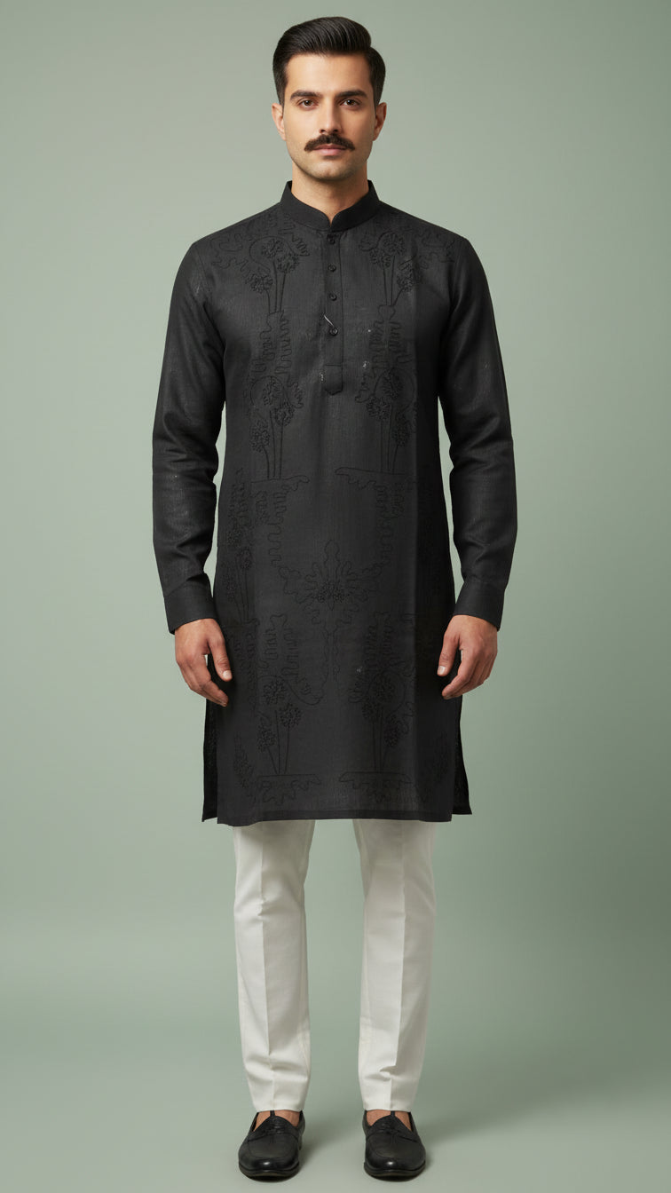 Men’s Black Linen Kurta with Subtle Tonal Embroidery | Classic Black Kurta – Dresswala NX