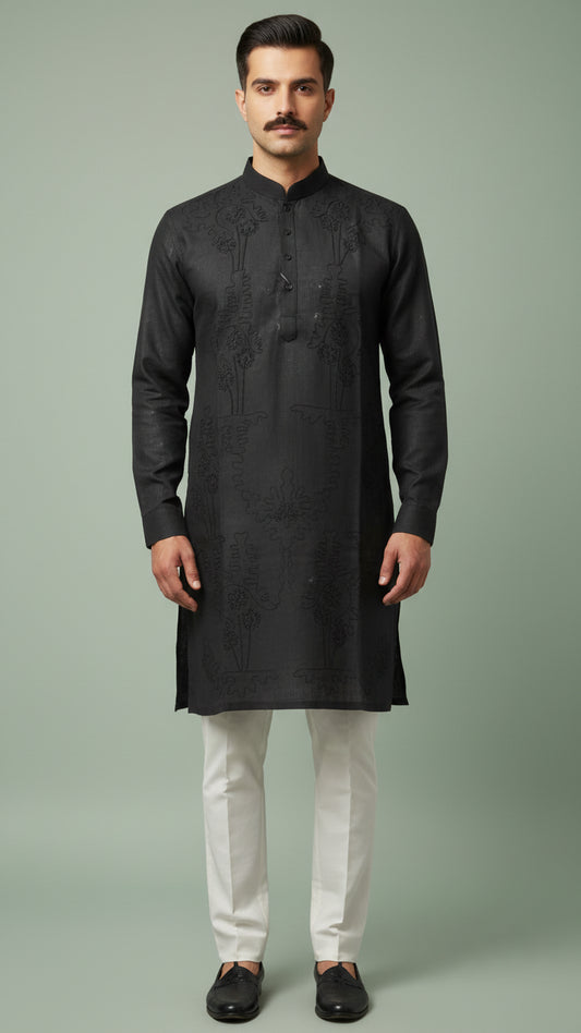 Men’s Black Linen Kurta with Subtle Tonal Embroidery | Classic Black Kurta – Dresswala NX