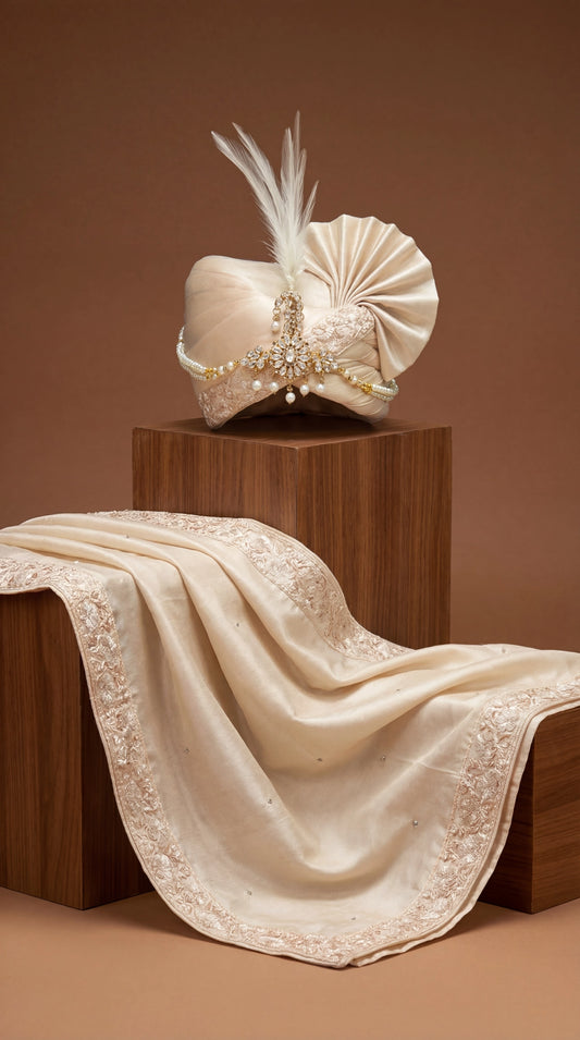 Champagne Pearl Groom Safa with Crystal Brooch & Heritage Stole
