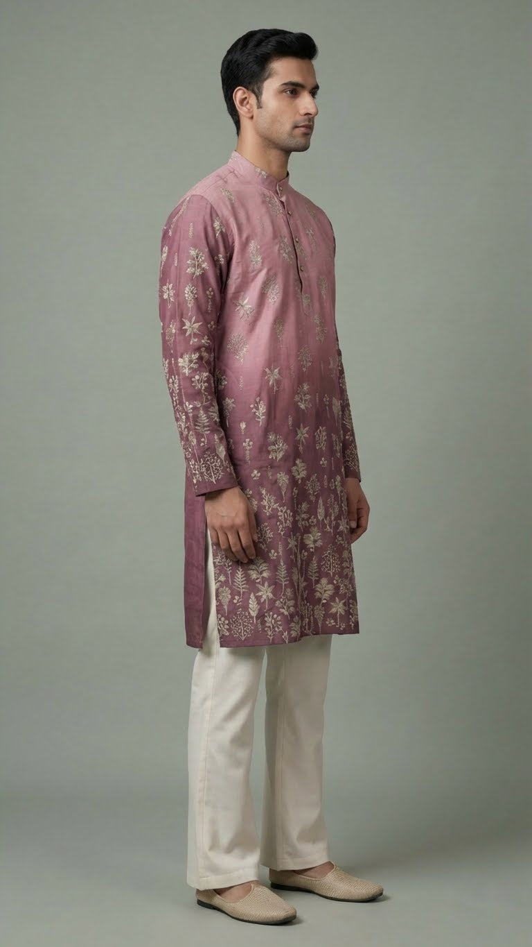 Men’s Mauve Floral Embroidered Kurta | Elegant Festive Wear – Dresswala NX