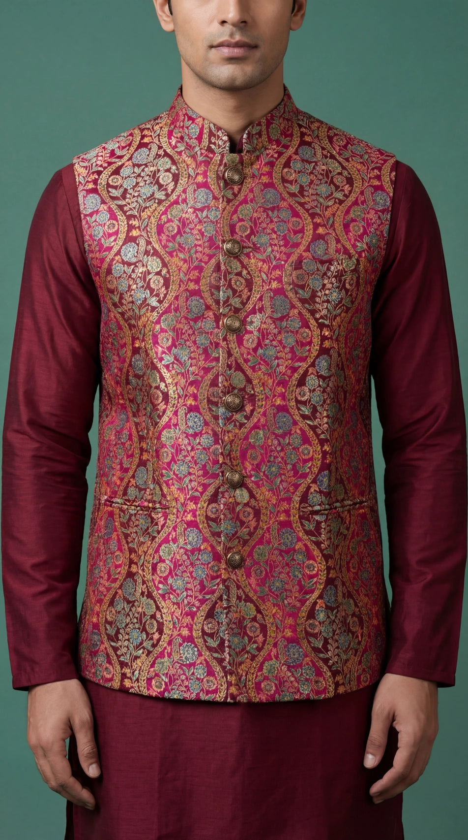 Maroon Brocade Ethnic Waistcoat for Men | Dresswala NX