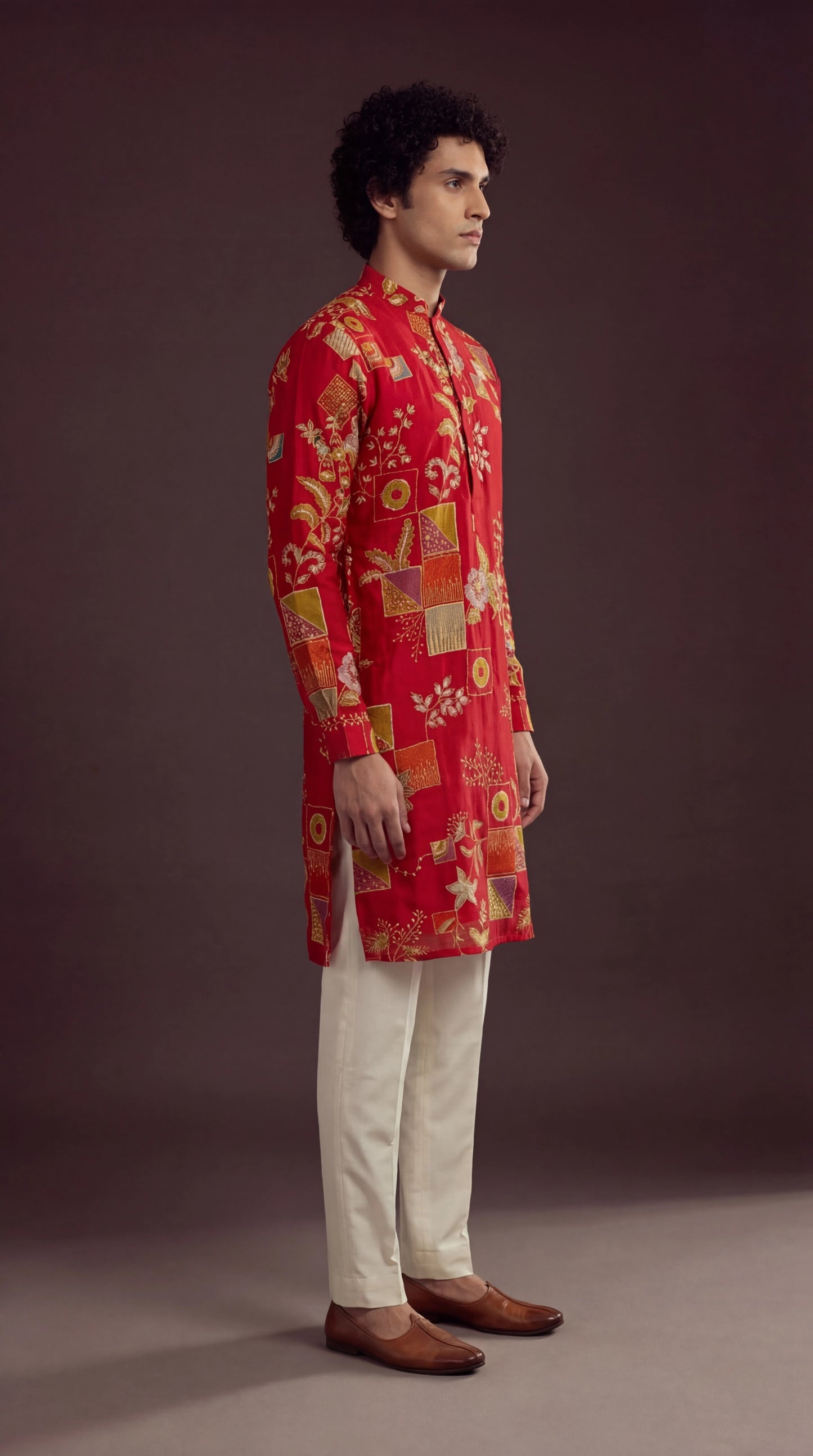 Men’s Red Festive Print Kurta with Gold Motifs | Ethnic Wear – Dresswala NX