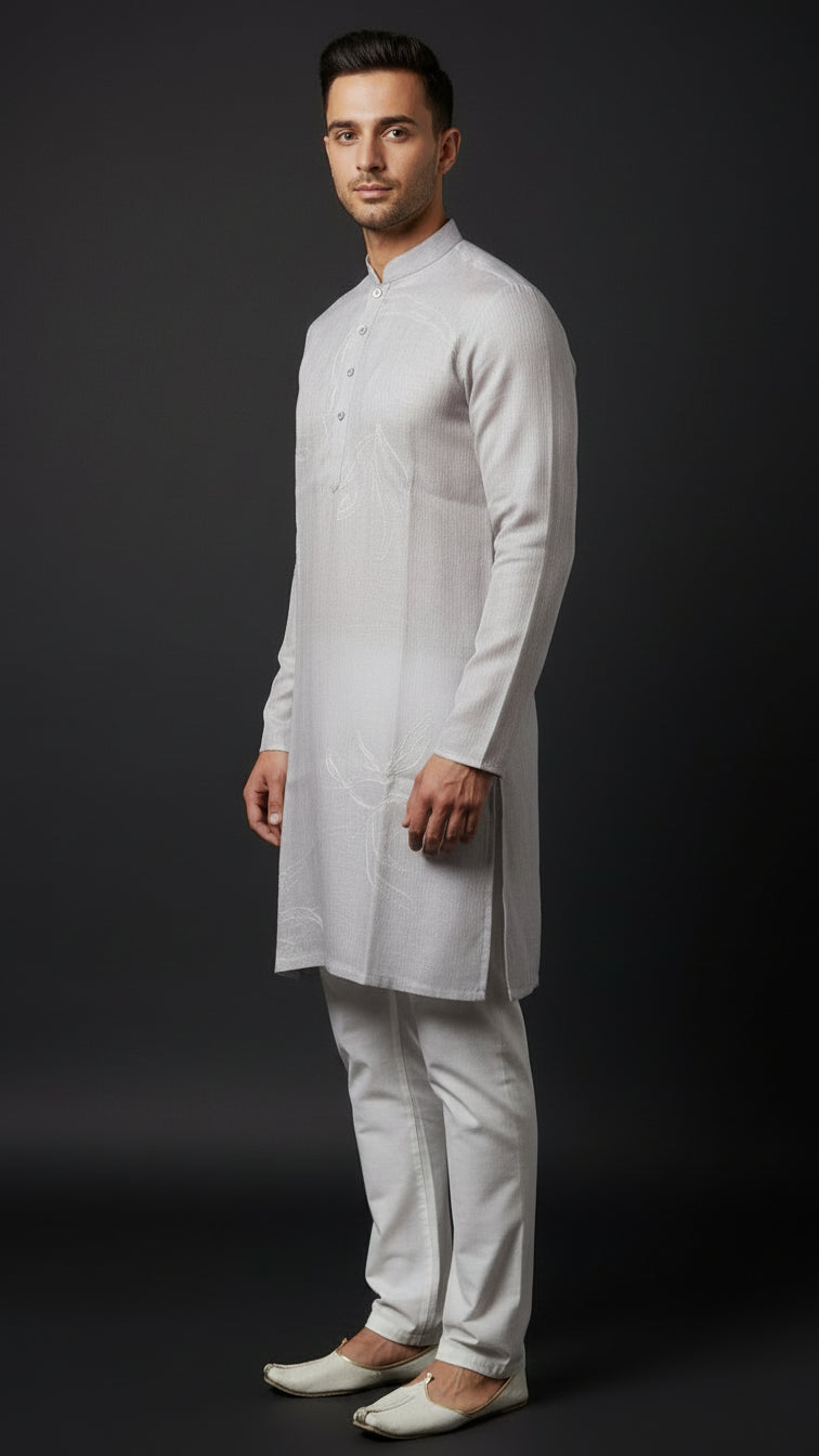 Men’s Light Grey Linen Kurta with Minimal Thread Detailing | Elegant Linen Kurta – Dresswala NX