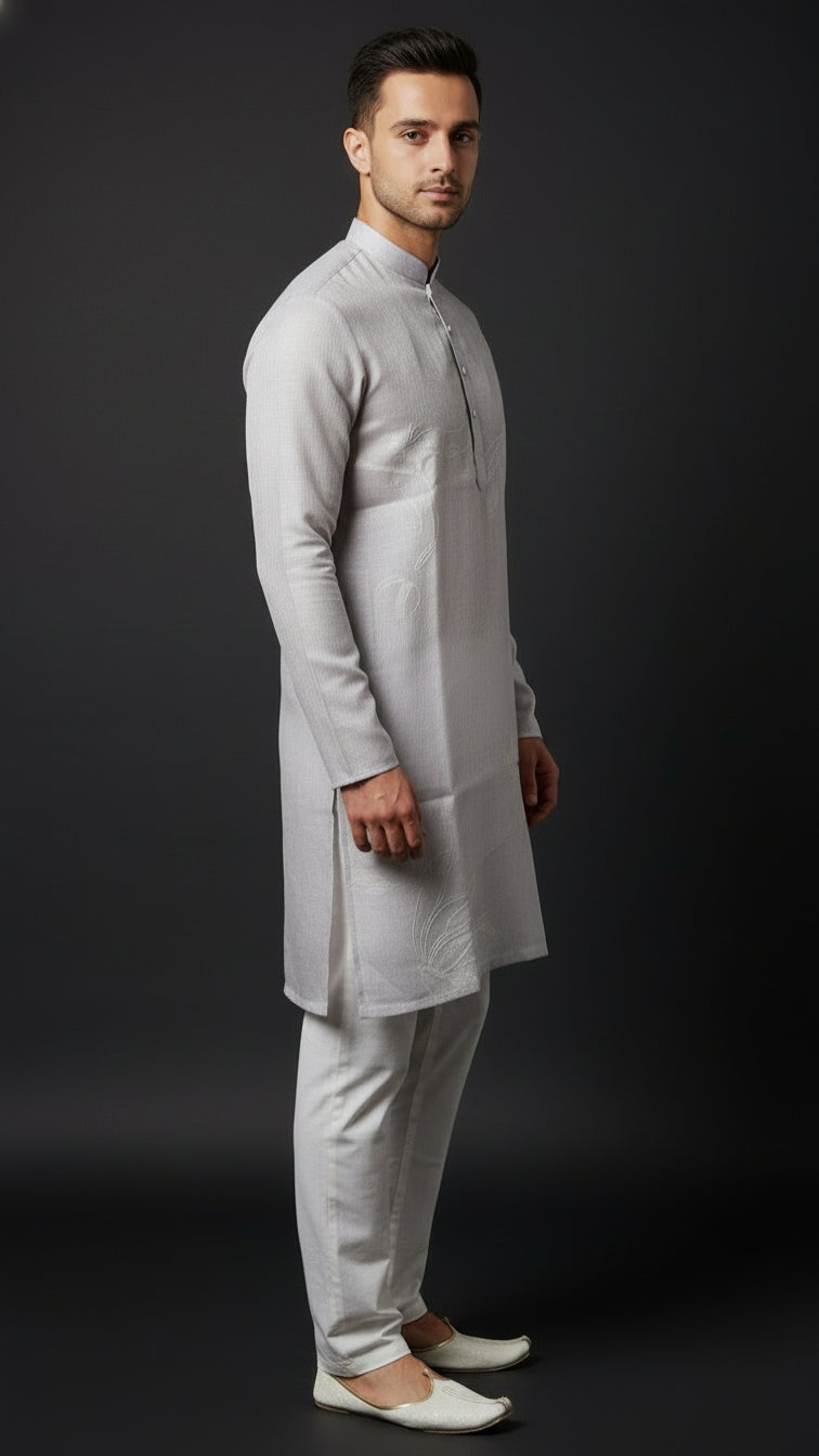 Men’s Light Grey Linen Kurta with Minimal Thread Detailing | Elegant Linen Kurta – Dresswala NX