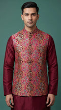 Maroon Brocade Ethnic Waistcoat for Men | Dresswala NX