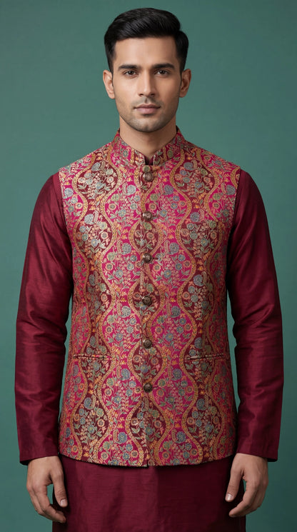 Maroon Brocade Ethnic Waistcoat for Men | Dresswala NX
