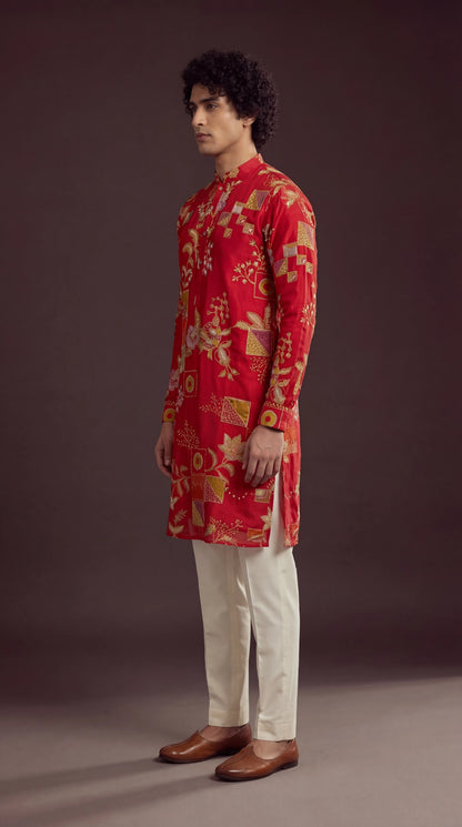 Men’s Red Festive Print Kurta with Gold Motifs | Ethnic Wear – Dresswala NX