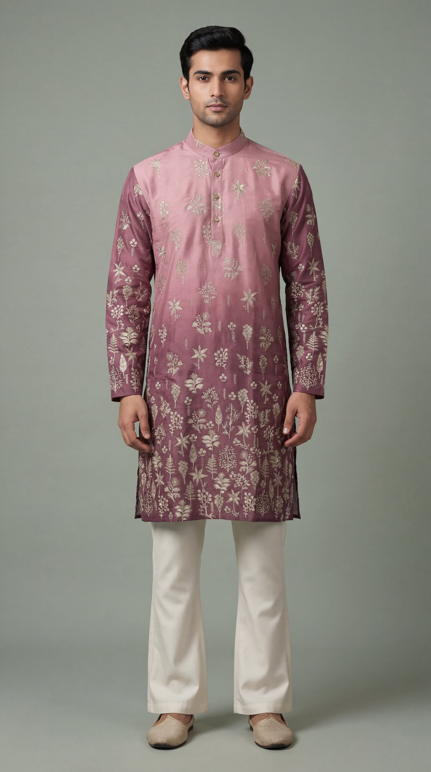 Men’s Mauve Floral Embroidered Kurta | Elegant Festive Wear – Dresswala NX
