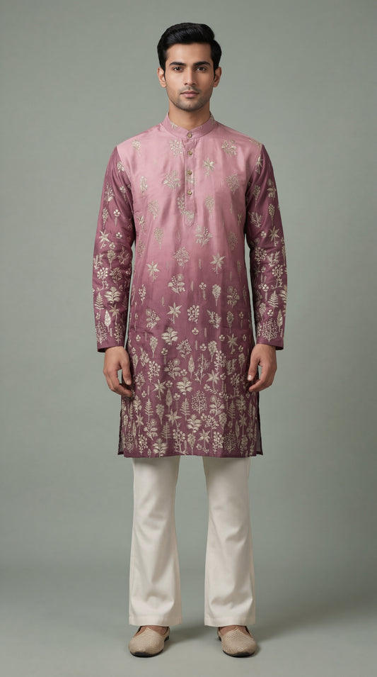 Men’s Mauve Floral Embroidered Kurta | Elegant Festive Wear – Dresswala NX
