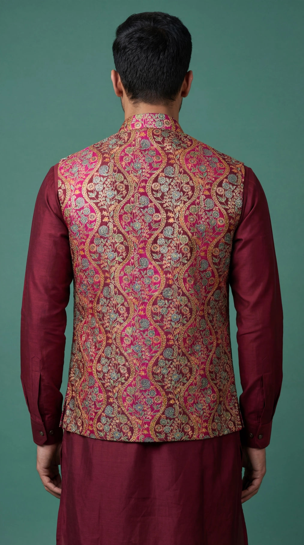 Maroon Brocade Ethnic Waistcoat for Men | Dresswala NX