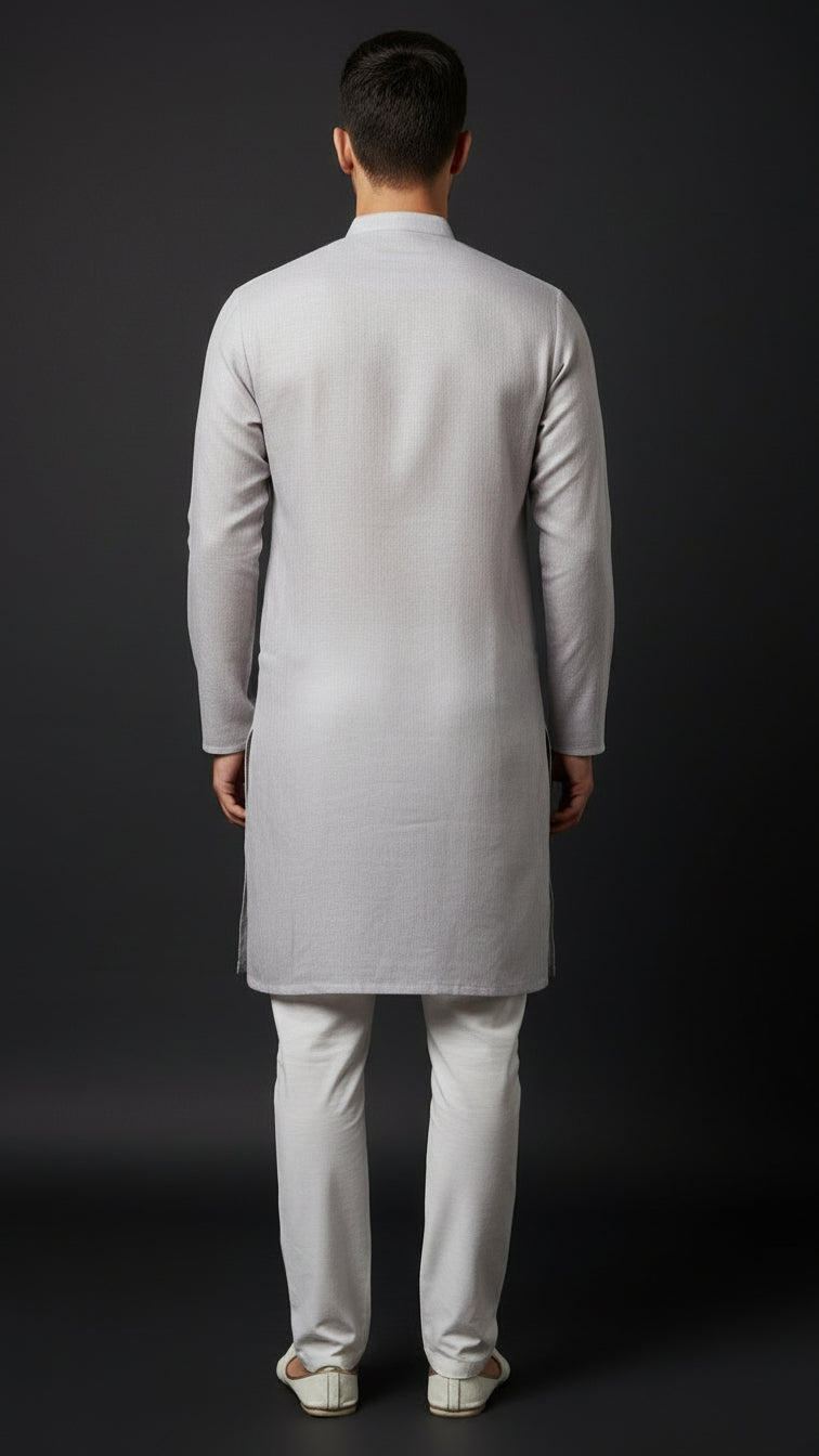 Men’s Light Grey Linen Kurta with Minimal Thread Detailing | Elegant Linen Kurta – Dresswala NX