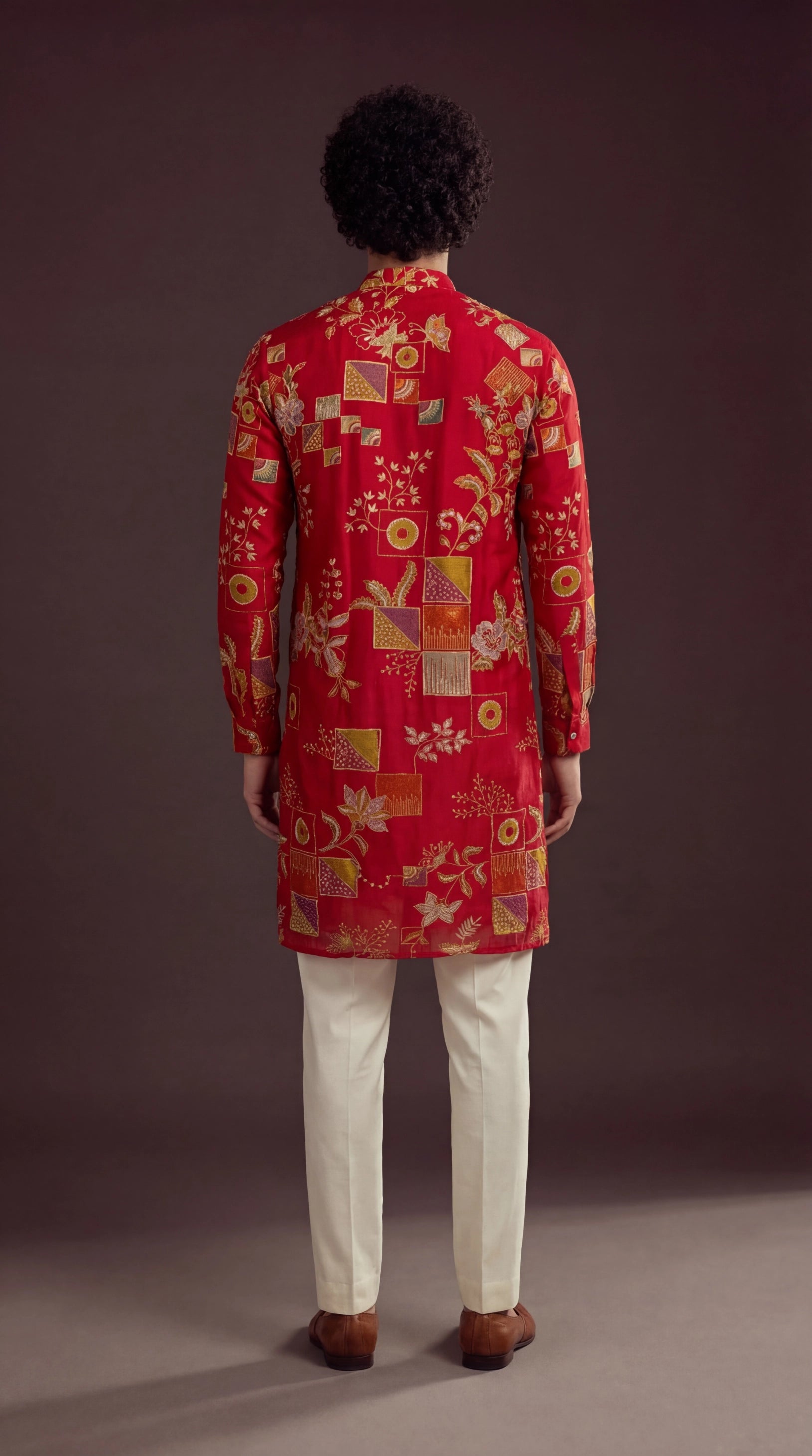 Men’s Red Festive Print Kurta with Gold Motifs | Ethnic Wear – Dresswala NX