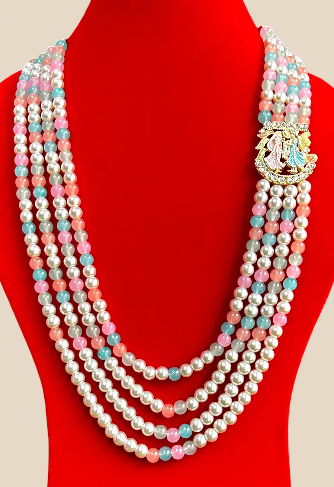 Radha Krishna Pastel Pearl Necklace with Multicolor Beads
