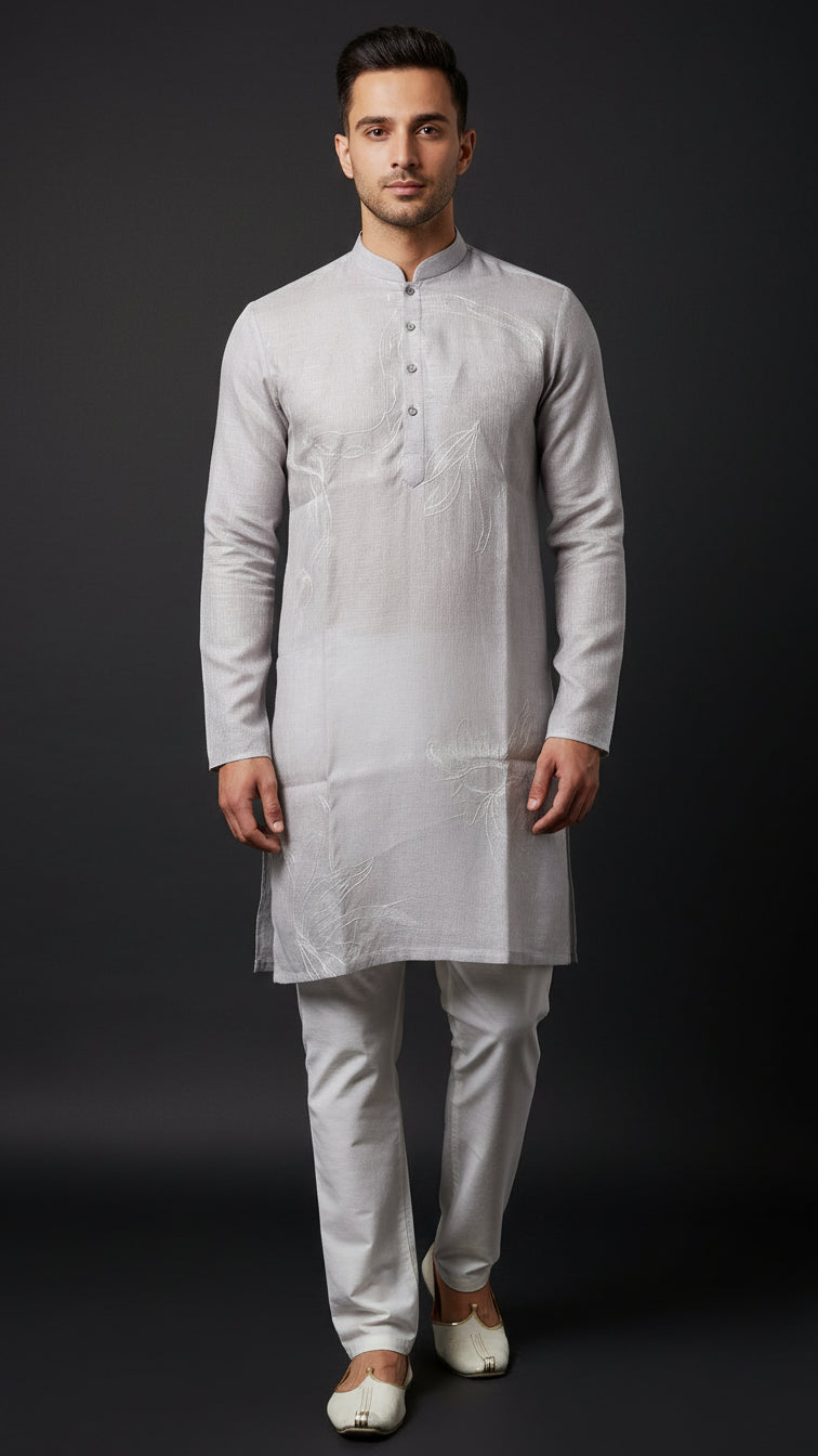 Men’s Light Grey Linen Kurta with Minimal Thread Detailing | Elegant Linen Kurta – Dresswala NX