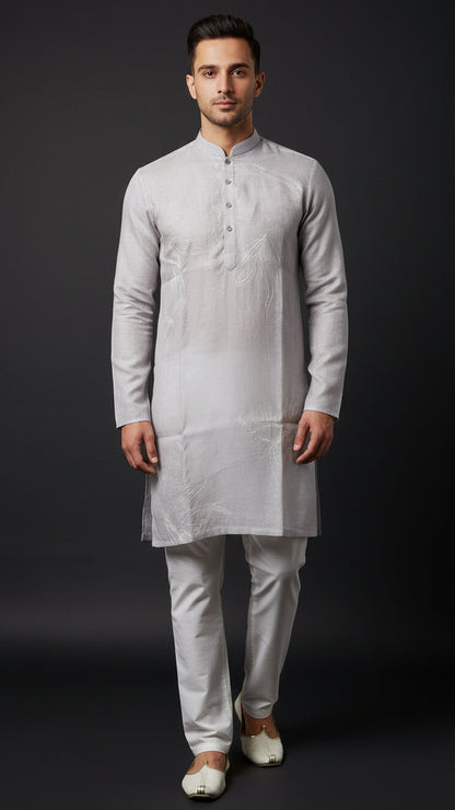 Men’s Light Grey Linen Kurta with Minimal Thread Detailing | Elegant Linen Kurta – Dresswala NX