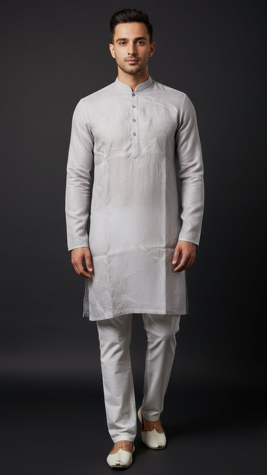 Men’s Light Grey Linen Kurta with Minimal Thread Detailing | Elegant Linen Kurta – Dresswala NX