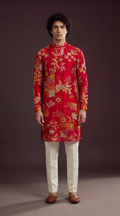 Men’s Red Festive Print Kurta with Gold Motifs | Ethnic Wear – Dresswala NX