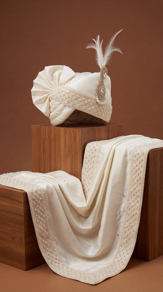 Classic Cream Beaded Groom Safa with Feather Accent