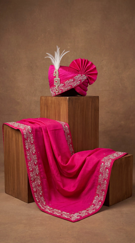 Fuchsia Silk Groom Safa with Feather Brooch & Embroidered Dupatta