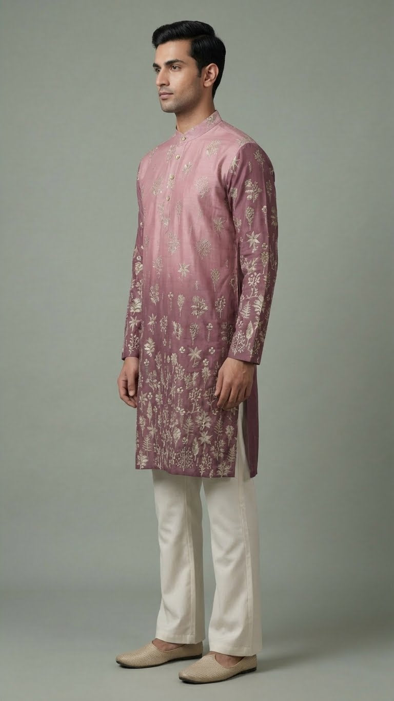 Men’s Mauve Floral Embroidered Kurta | Elegant Festive Wear – Dresswala NX