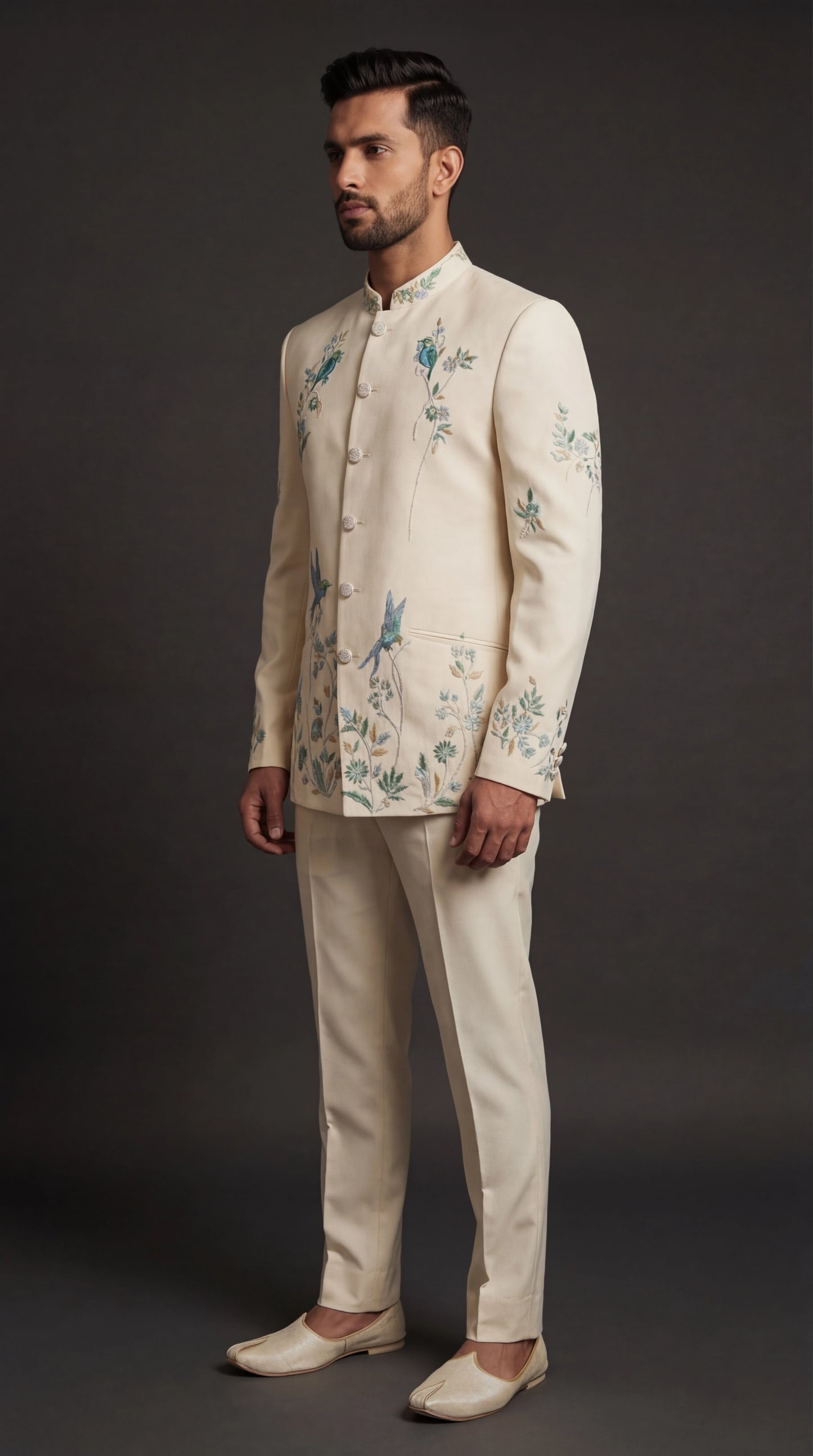 Men’s Ivory Embroidered Bandhgala Suit | Dresswala NX