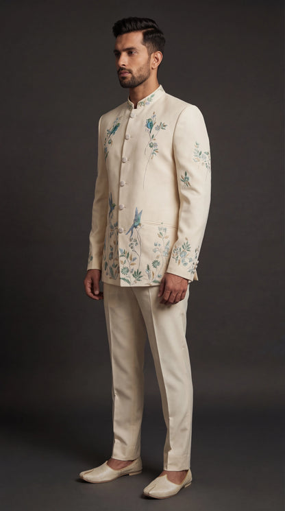 Men’s Ivory Embroidered Bandhgala Suit | Dresswala NX