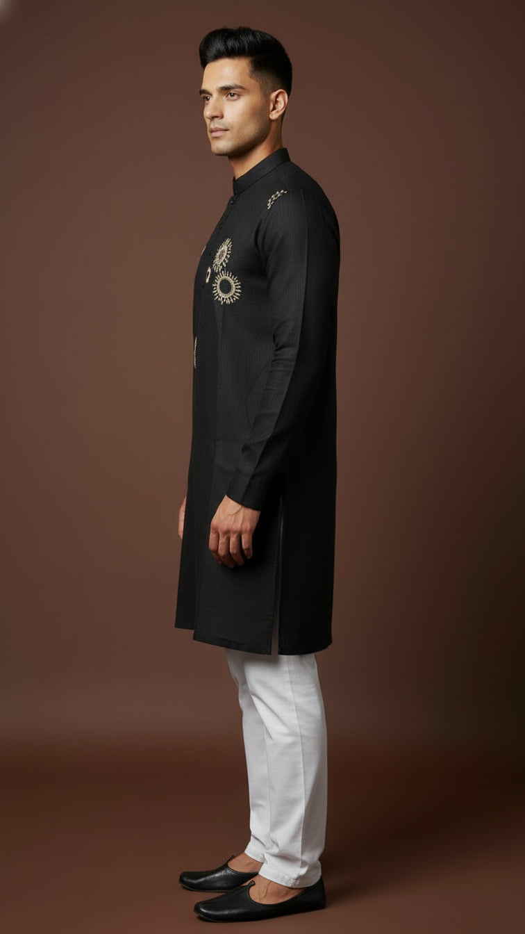 Men’s Black Linen Kurta with Abstract Gold Embroidery | Contemporary Ethnic Wear – Dresswala NX